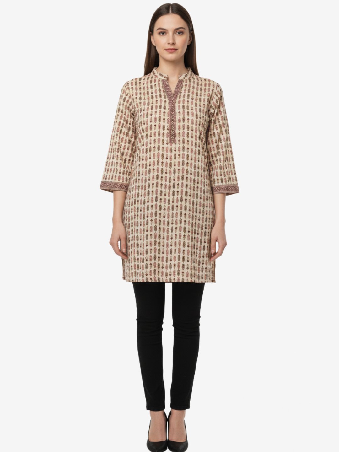 Printed Cotton Short Kurti – Beige & Maroon