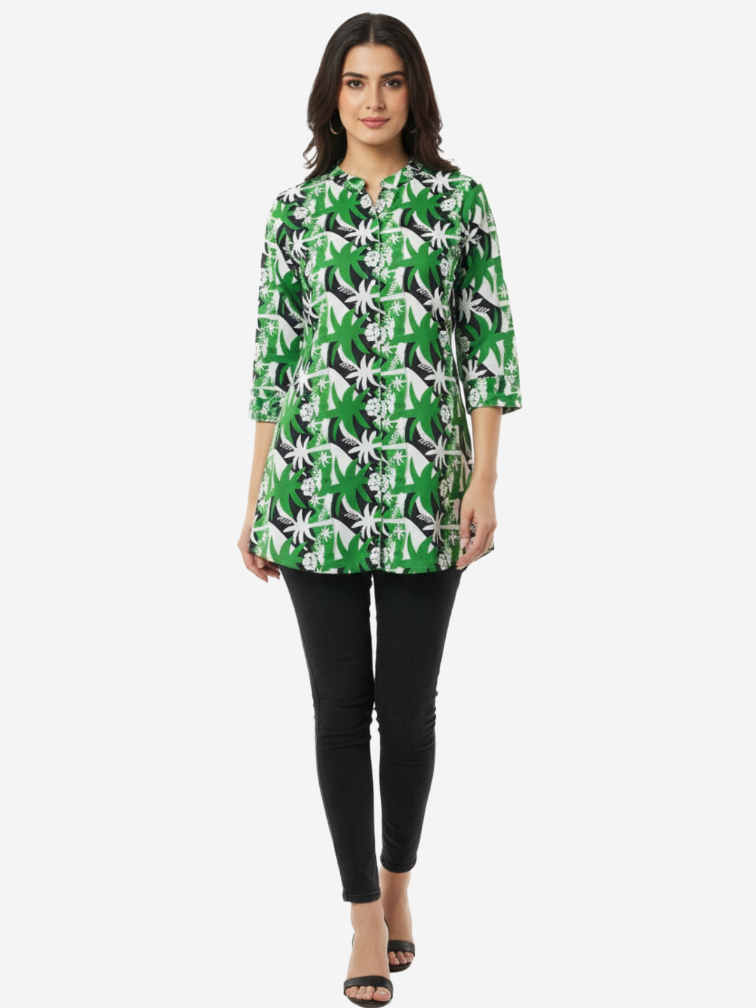 Tropical Green Floral Printed Short Kurta