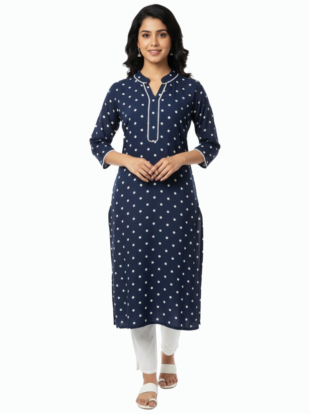 Women's Navy Blue Polka Dot Straight Kurta