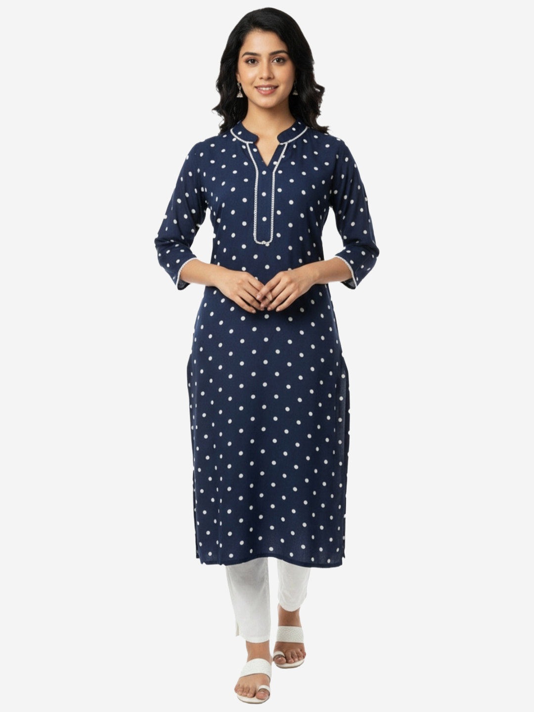 Women's Navy Blue Polka Dot Straight Kurta