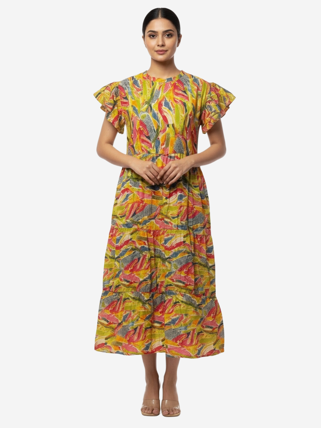 Abstract Print Yellow Flutter Sleeve Midi Dress