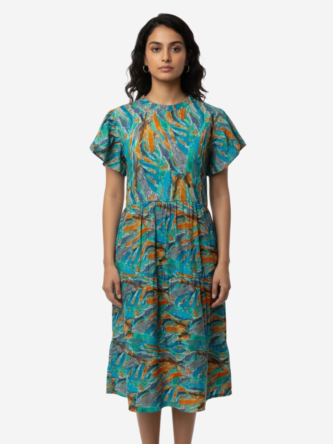 Abstract Print Flutter Sleeve Midi Dress