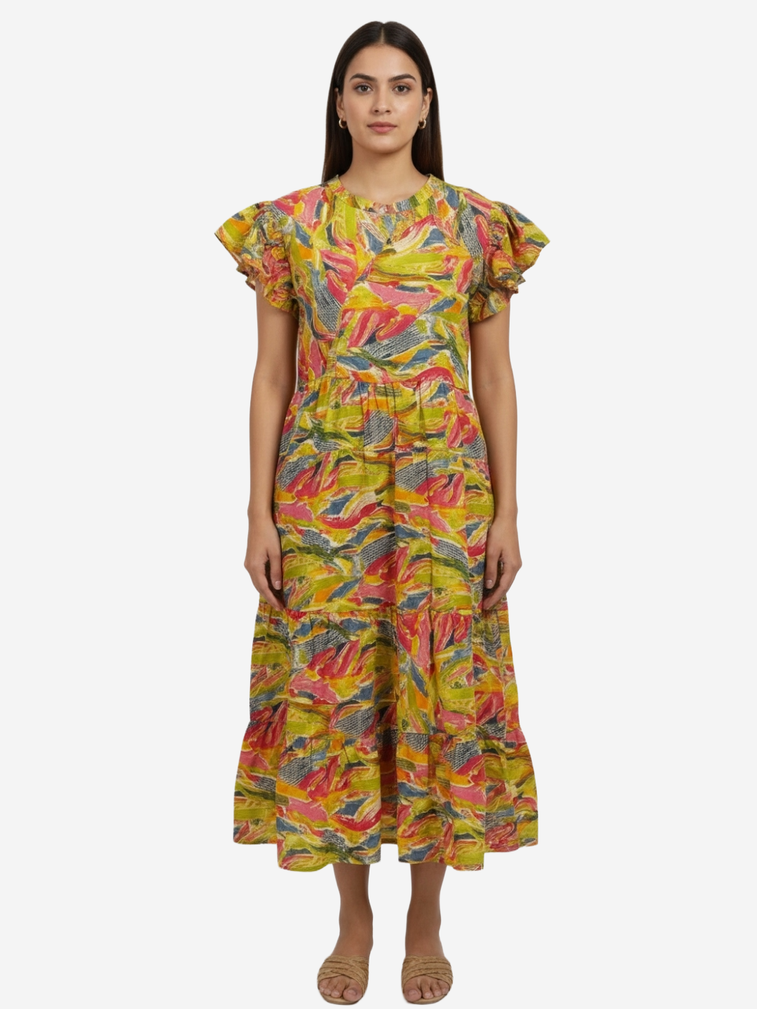 Abstract Print Yellow Flutter Sleeve Midi Dress