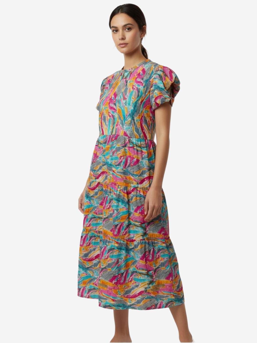 Abstract Print Yellow Flutter Sleeve Midi Dress