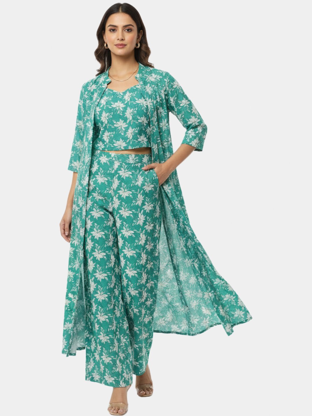 Teal Floral Three Piece Co-Ord Set for Women