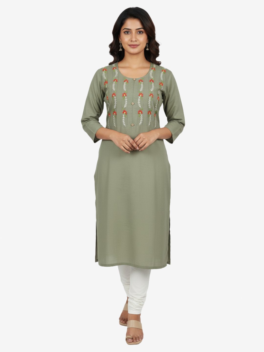 Olive Green Embroidered Straight Kurti with Floral Detailing and 3/4 Sleeves