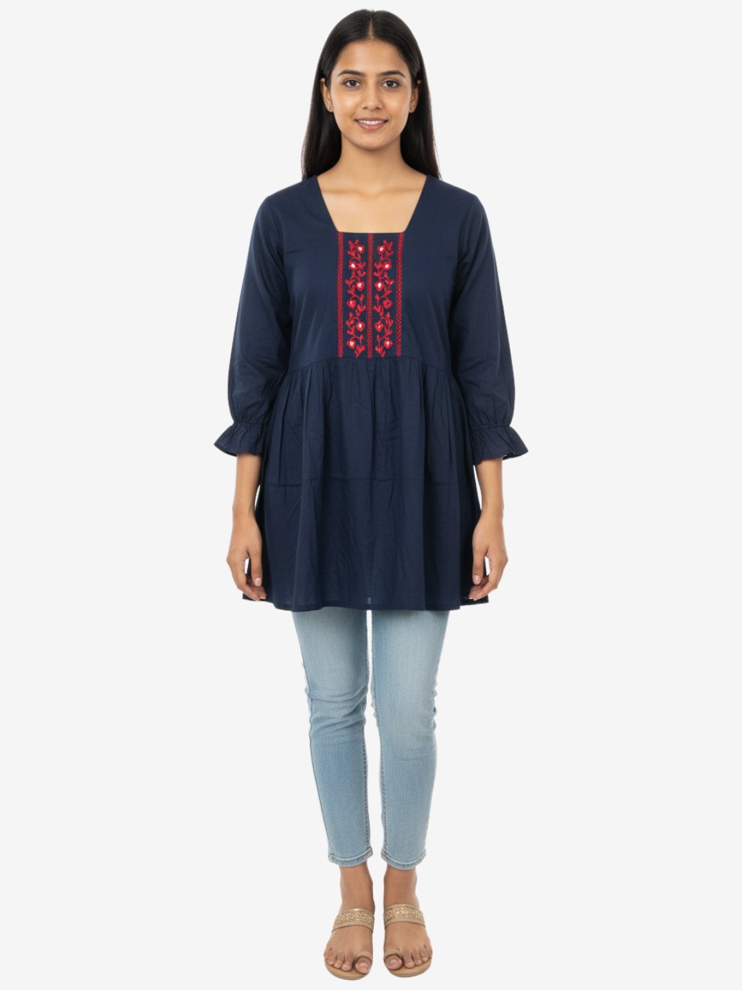 Navy Blue Embroidered Rayon Short Kurti