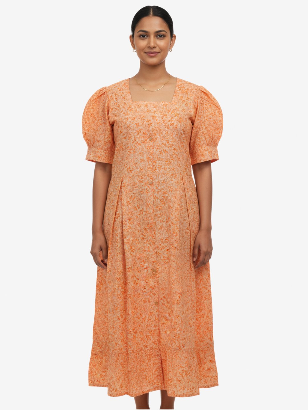 Orange Floral Cotton Maxi Dress with Puff Sleeves