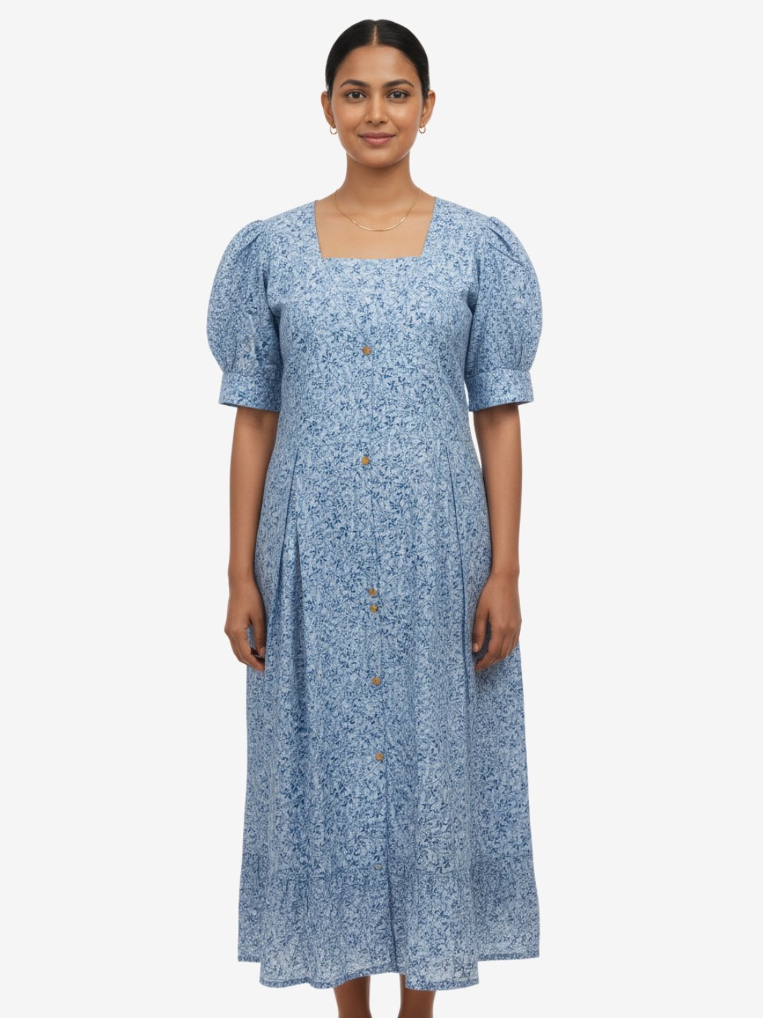 Blue Floral Cotton Maxi Dress with Puff Sleeves