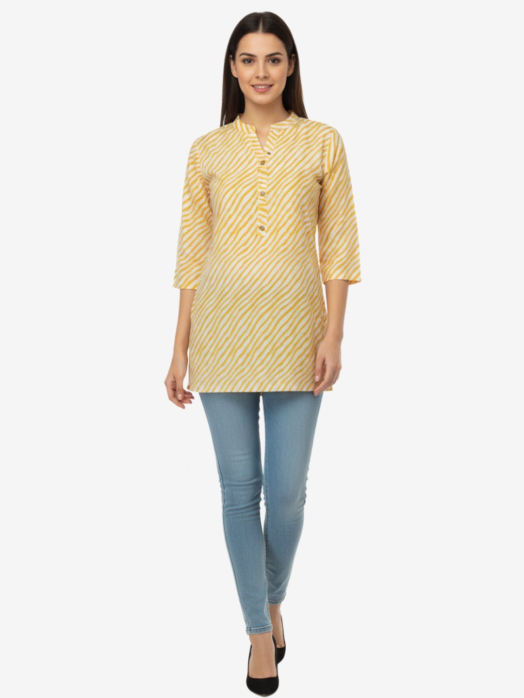 Yellow Striped Straight Short Kurta with Mandarin Collar