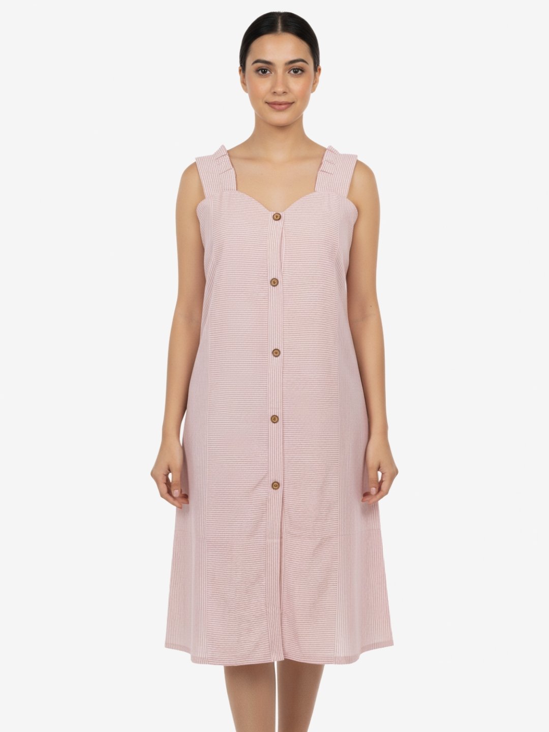 Pink Striped Cotton Midi Dress with Wide Straps