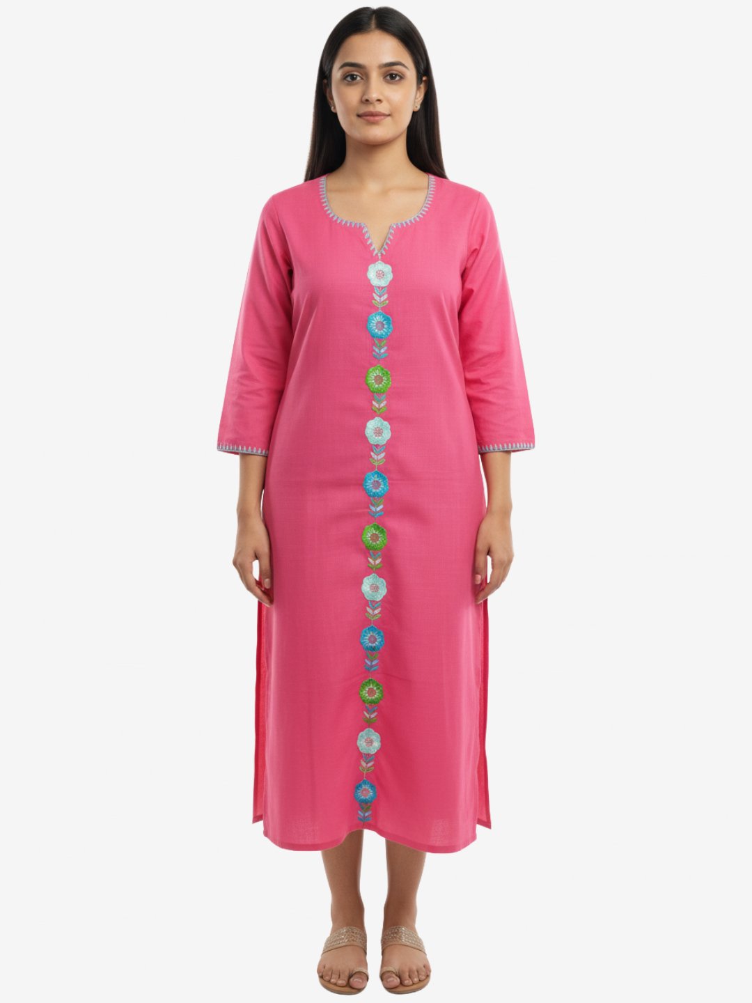 Pink Floral Embroidered Cotton Kurta