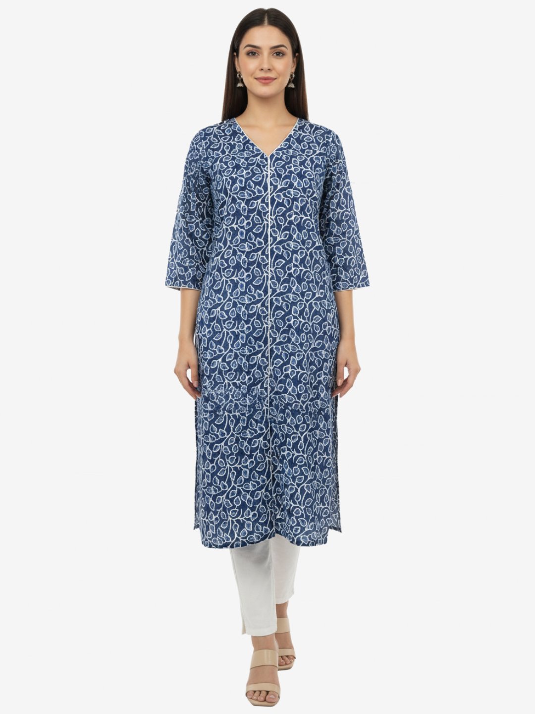 Blue Cotton Kurta with White Leaf Print