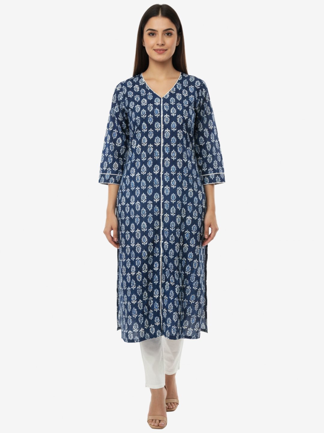 Blue Cotton Kurta with White Ikat Print
