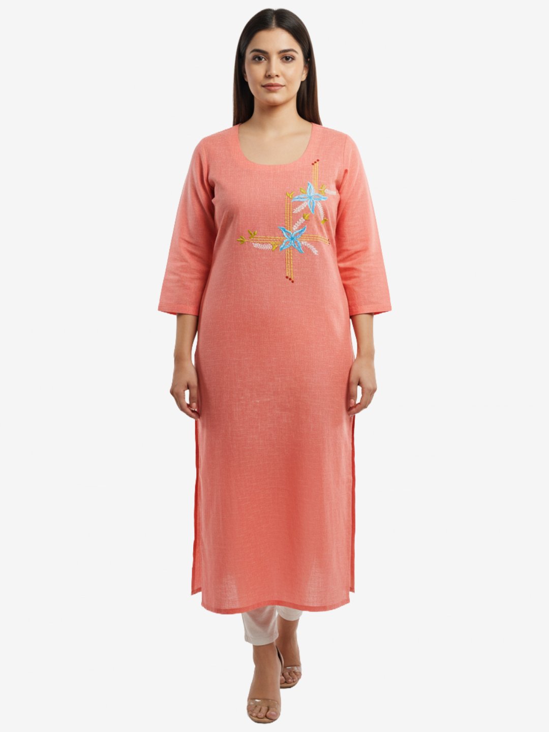 Peach Cotton Kurta with Blue Floral Embroidery