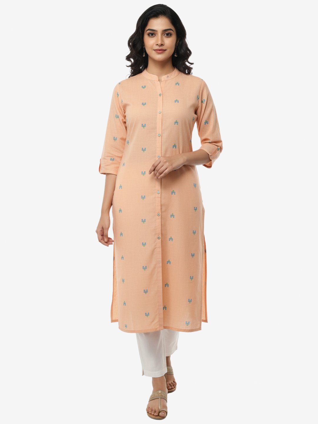 Peach Embroidered Straight Kurti for Women