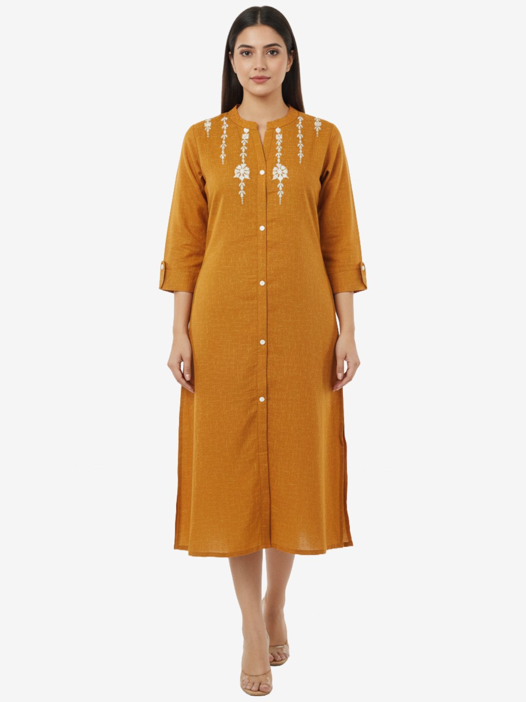 Mustard Yellow Embroidered Button-Down Kurta