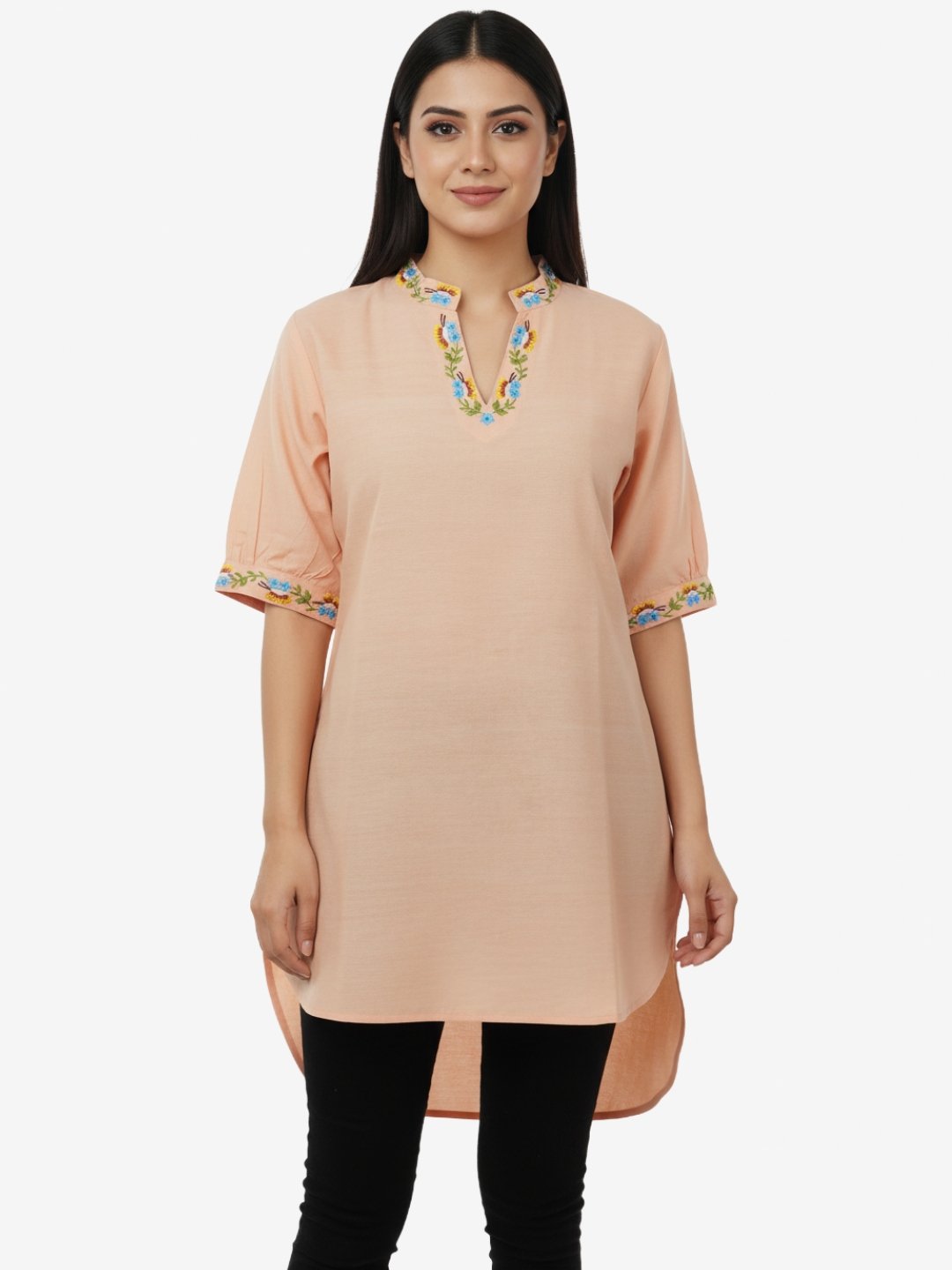 Peach Cotton Kurti with Floral Embroidery