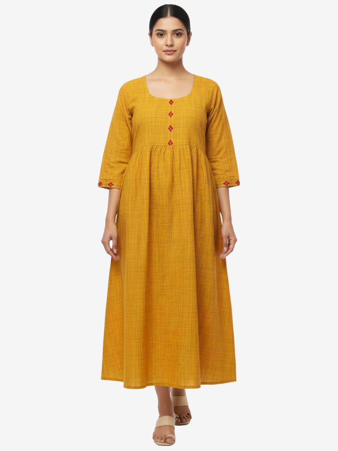 Yellow Cotton Maxi Dress with Red Embroidery