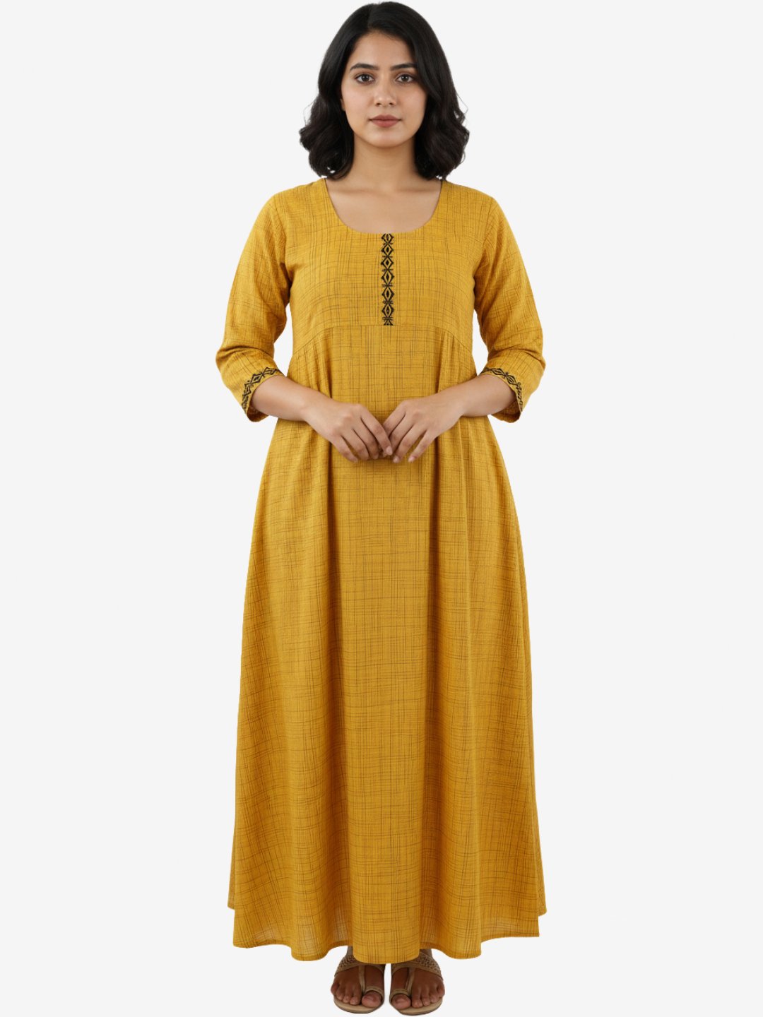 Mustard Yellow Cotton Maxi Dress with Black Embroidery