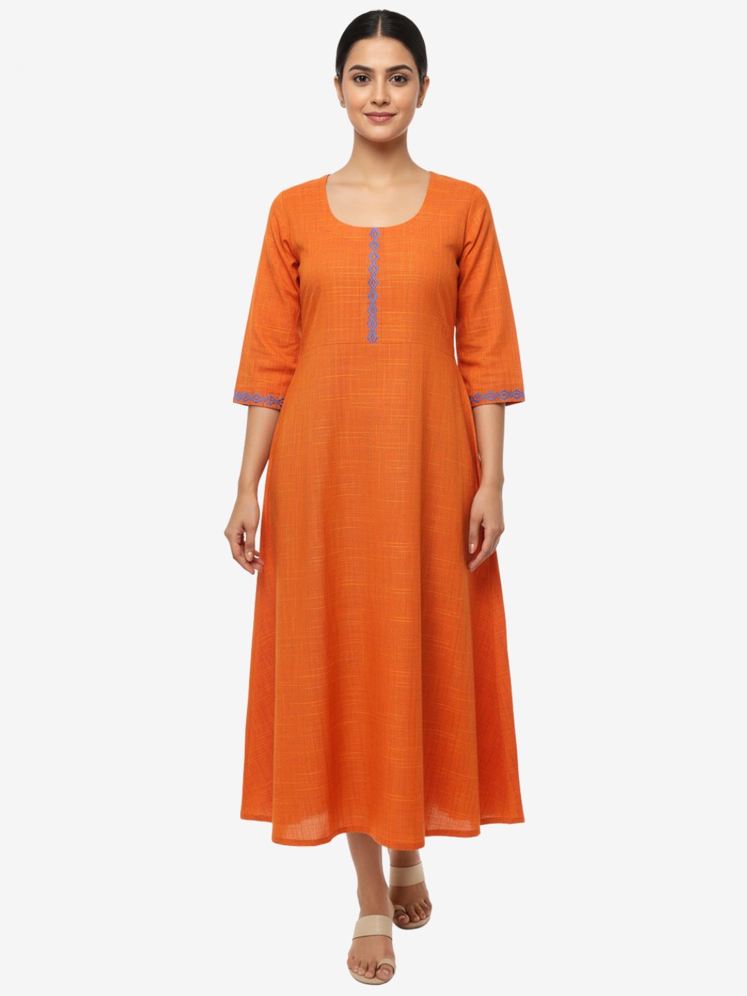 Orange Cotton Maxi Dress with Blue Embroidery