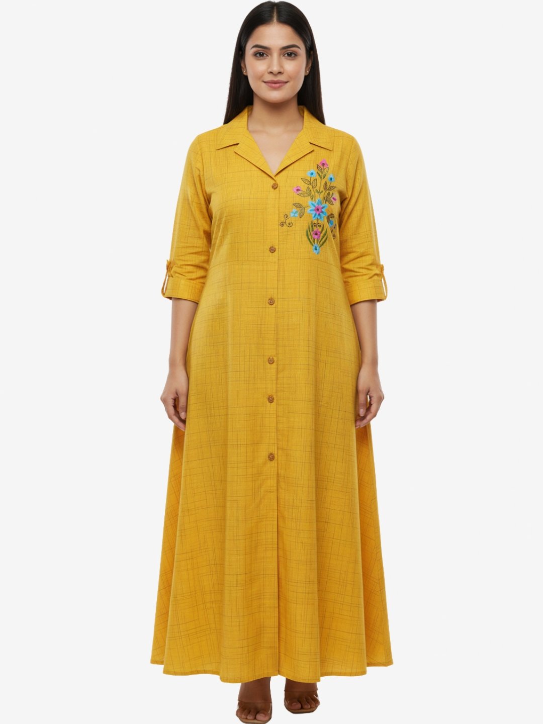 Mustard Yellow Cotton Maxi Dress with Floral Embroidery