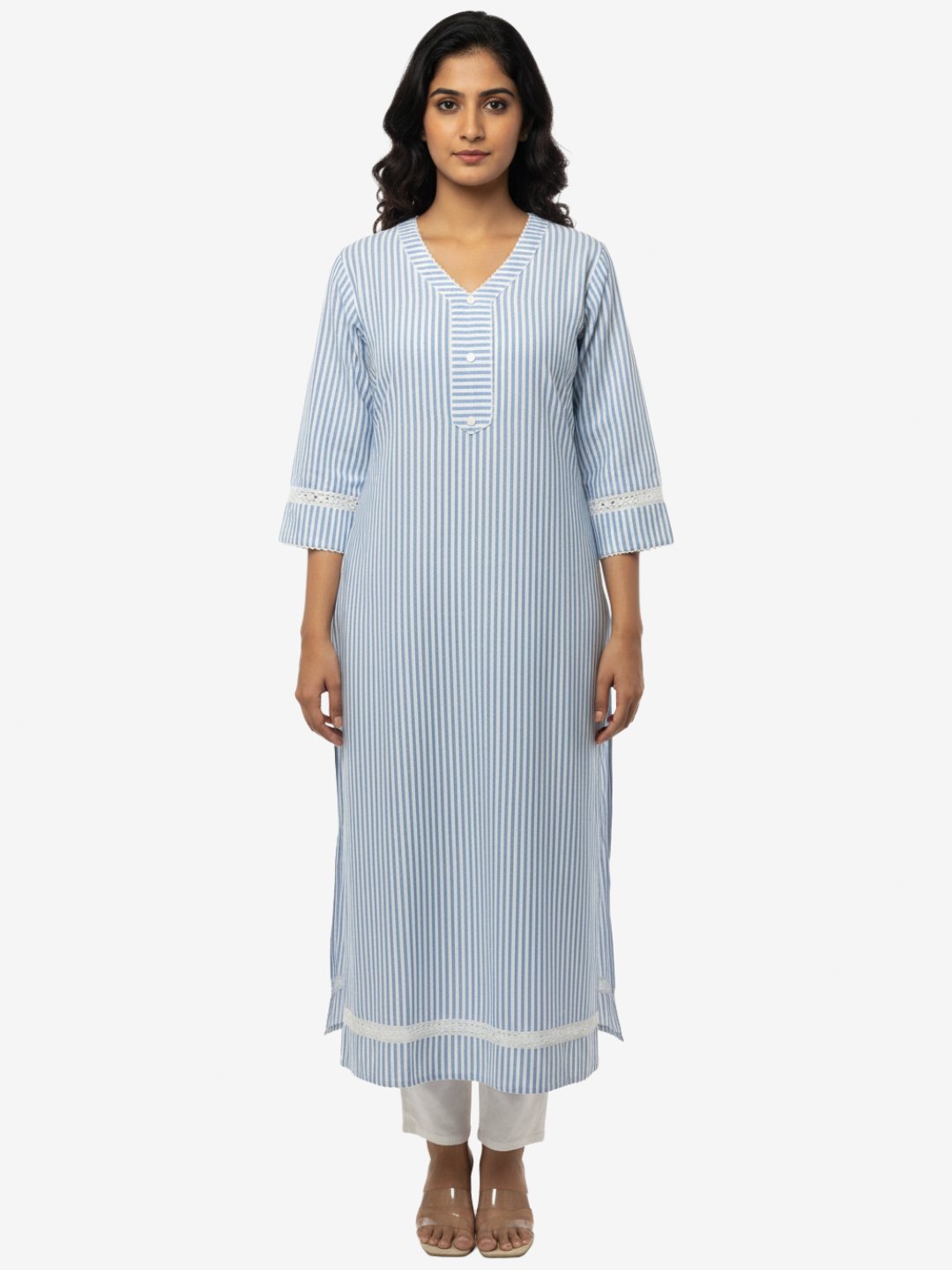 Blue and White Striped Cotton Kurti with Lace Detailing