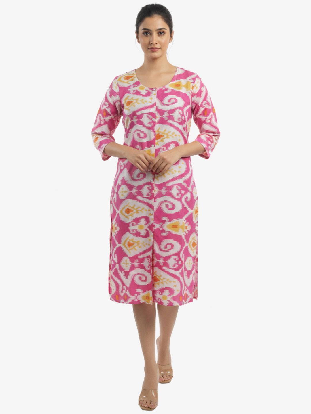 Pink Jaipuri Print Cotton Straight Kurta for Women