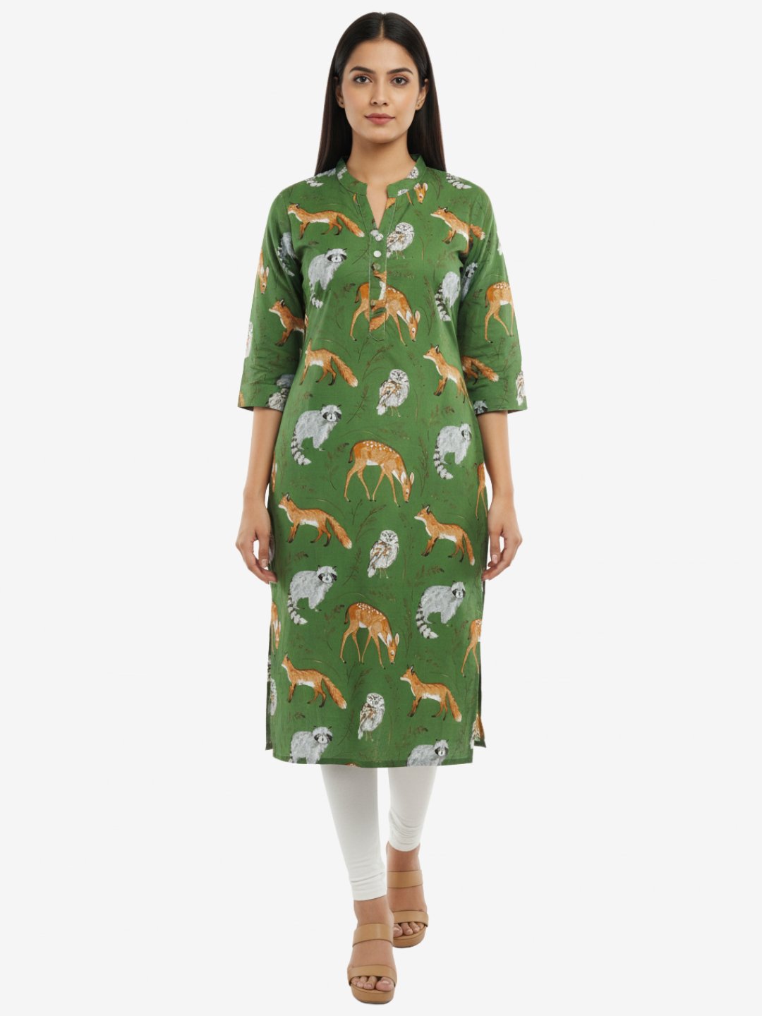Green Cotton Kurta with Forest Animal Print