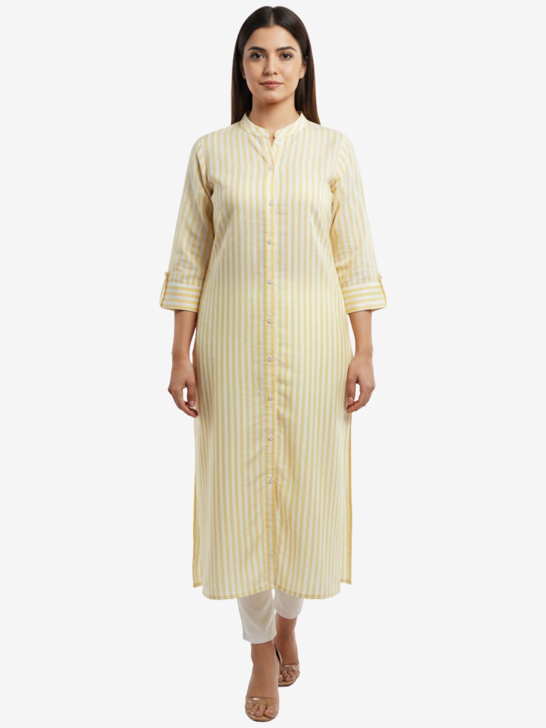 Yellow and White Striped Cotton Button-Down Kurta