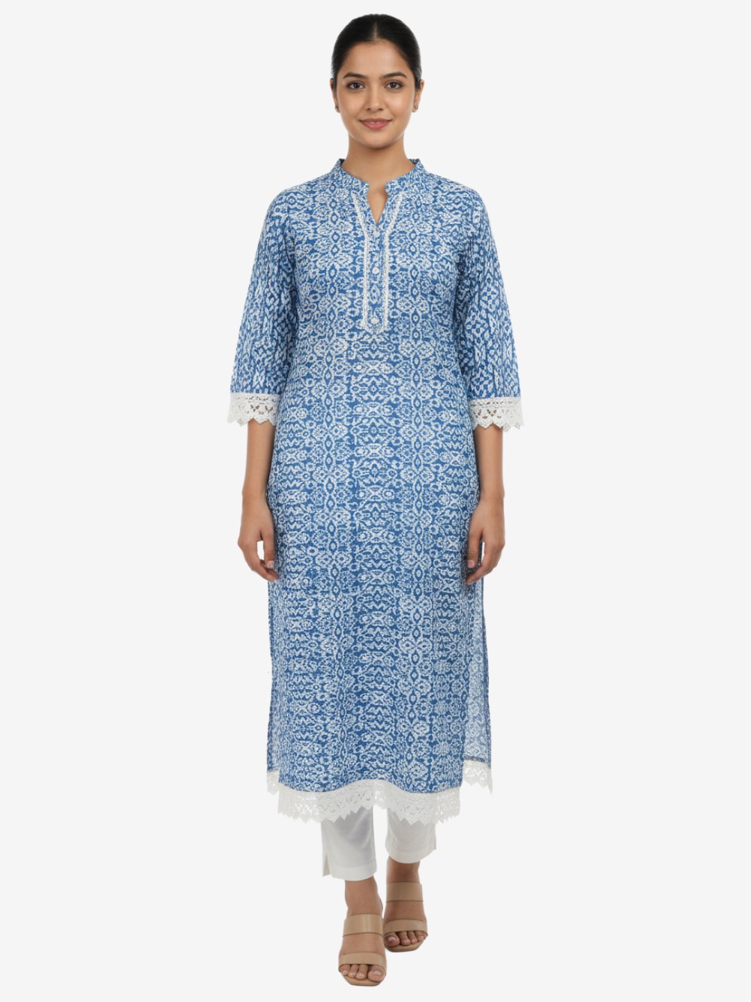 Blue Jaipuri Print Cotton Kurta with Lace
