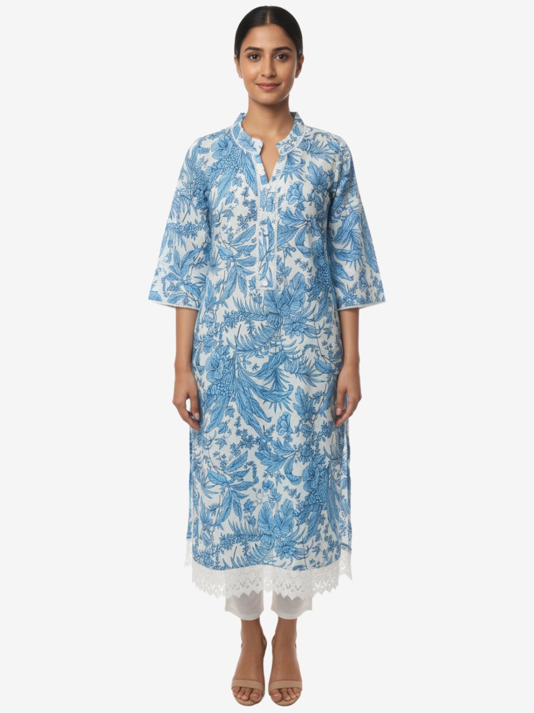 Blue Jaipuri Floral Print Cotton Kurta