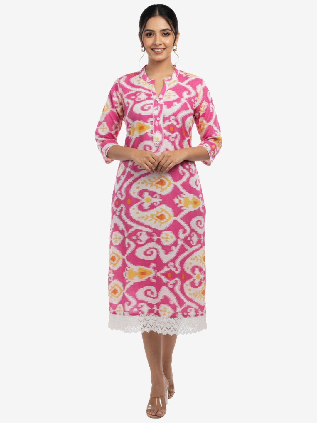 Pink Jaipuri Print Cotton Kurta with Lace Hem