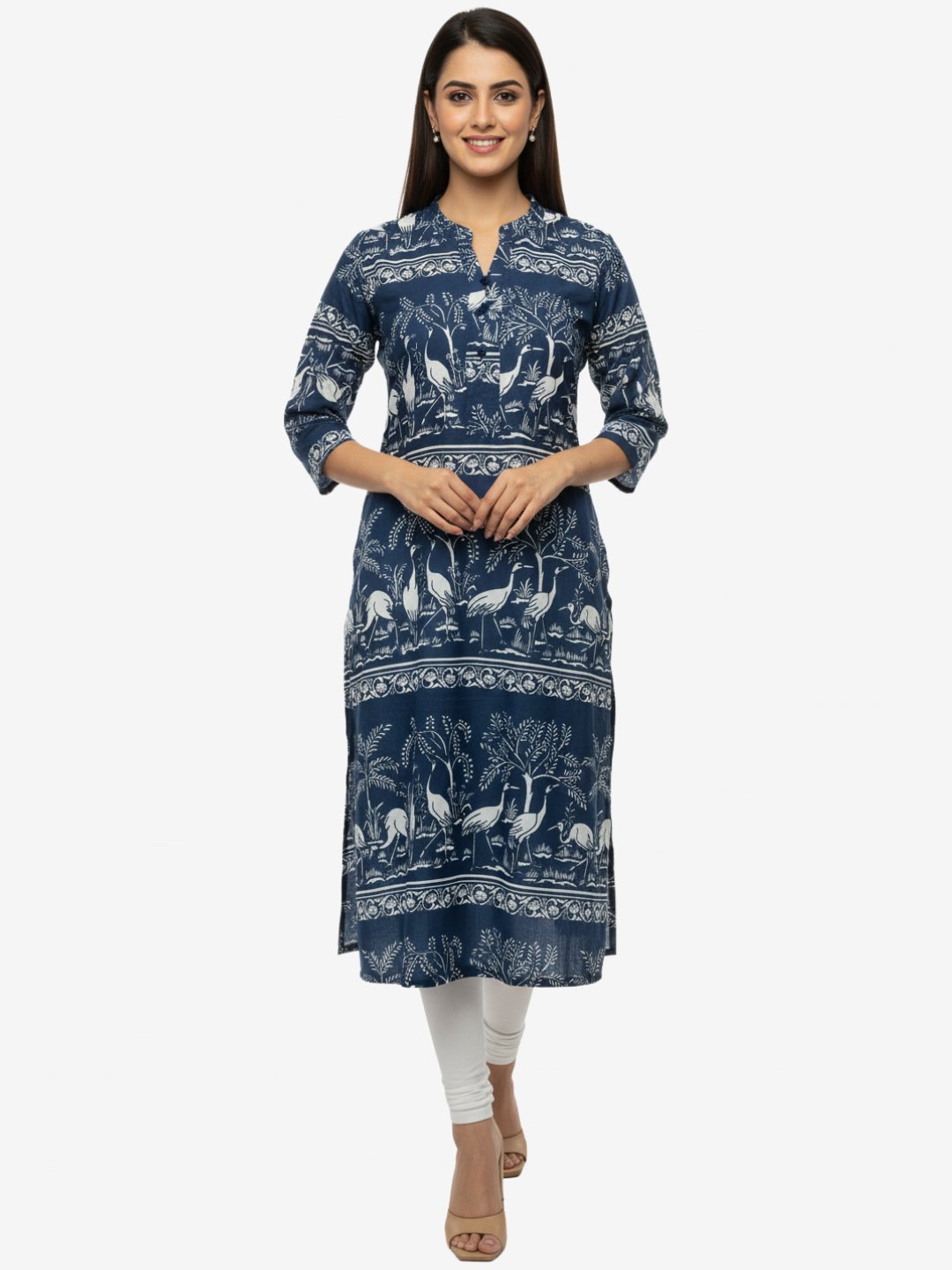 Navy Cotton Kurta with Tribal Bird Print