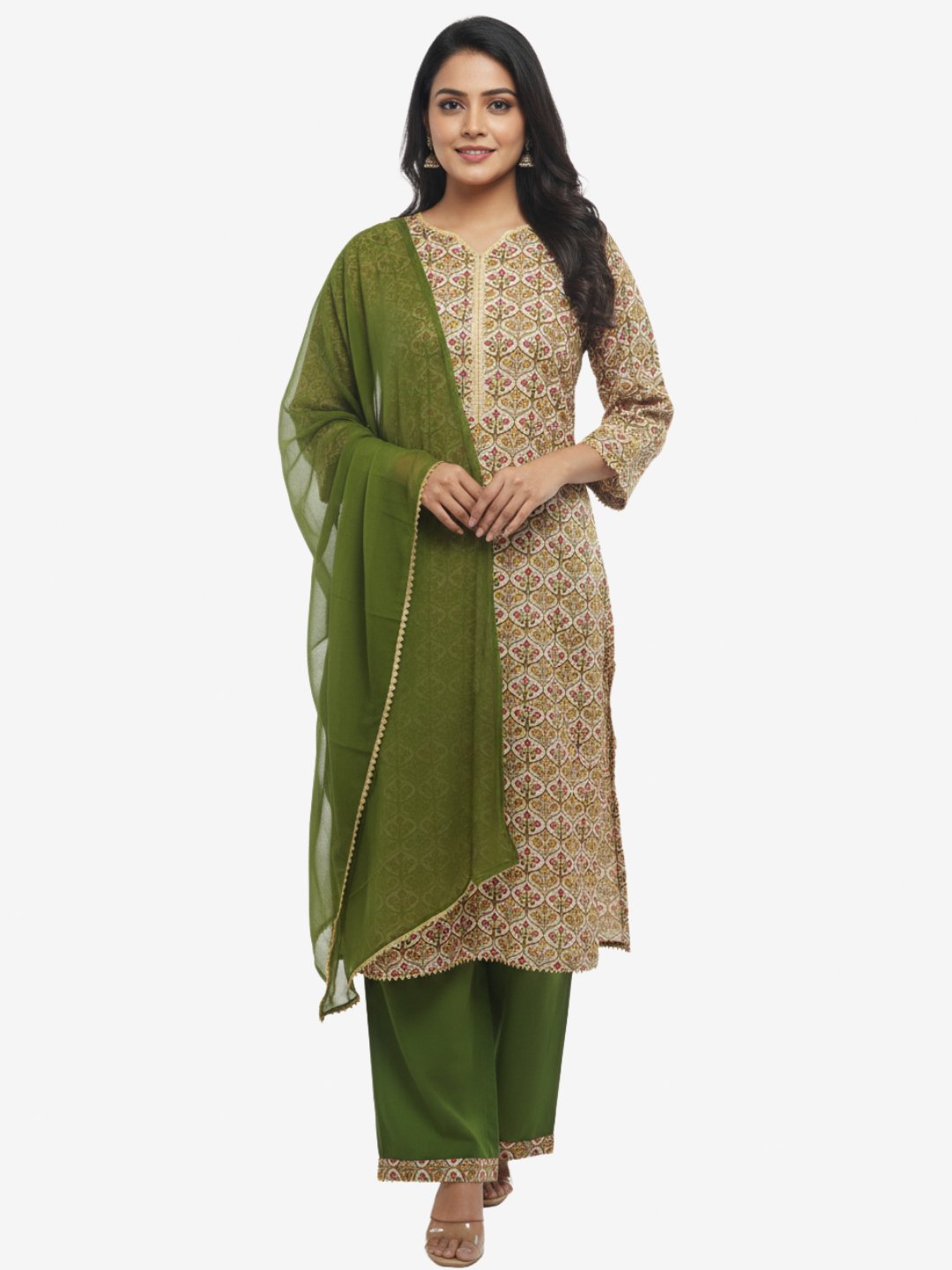 Green Cotton Printed Straight Kurta Set with Dupatta for Women