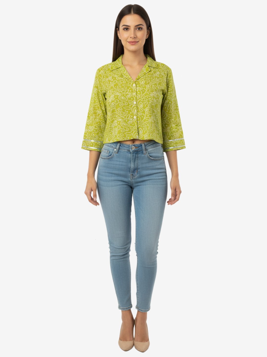 Green Printed Viscose Rayon Crop Top with Shirt Collar