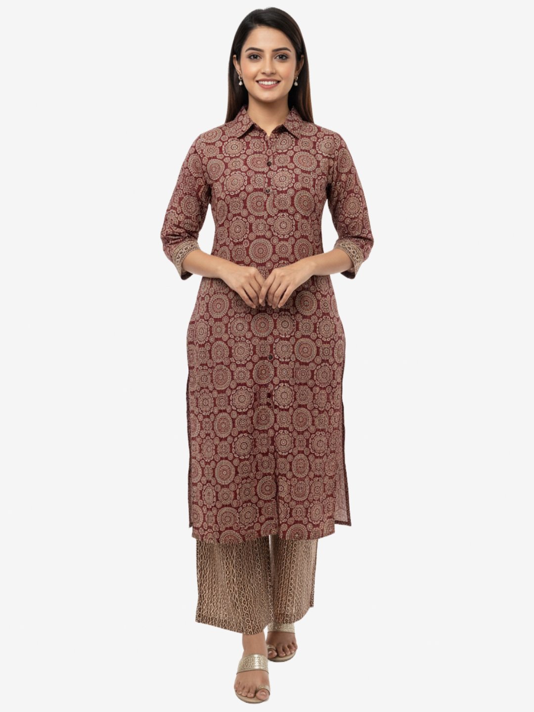Maroon Printed Straight Kurta Pant Set with Collar Neck for Women