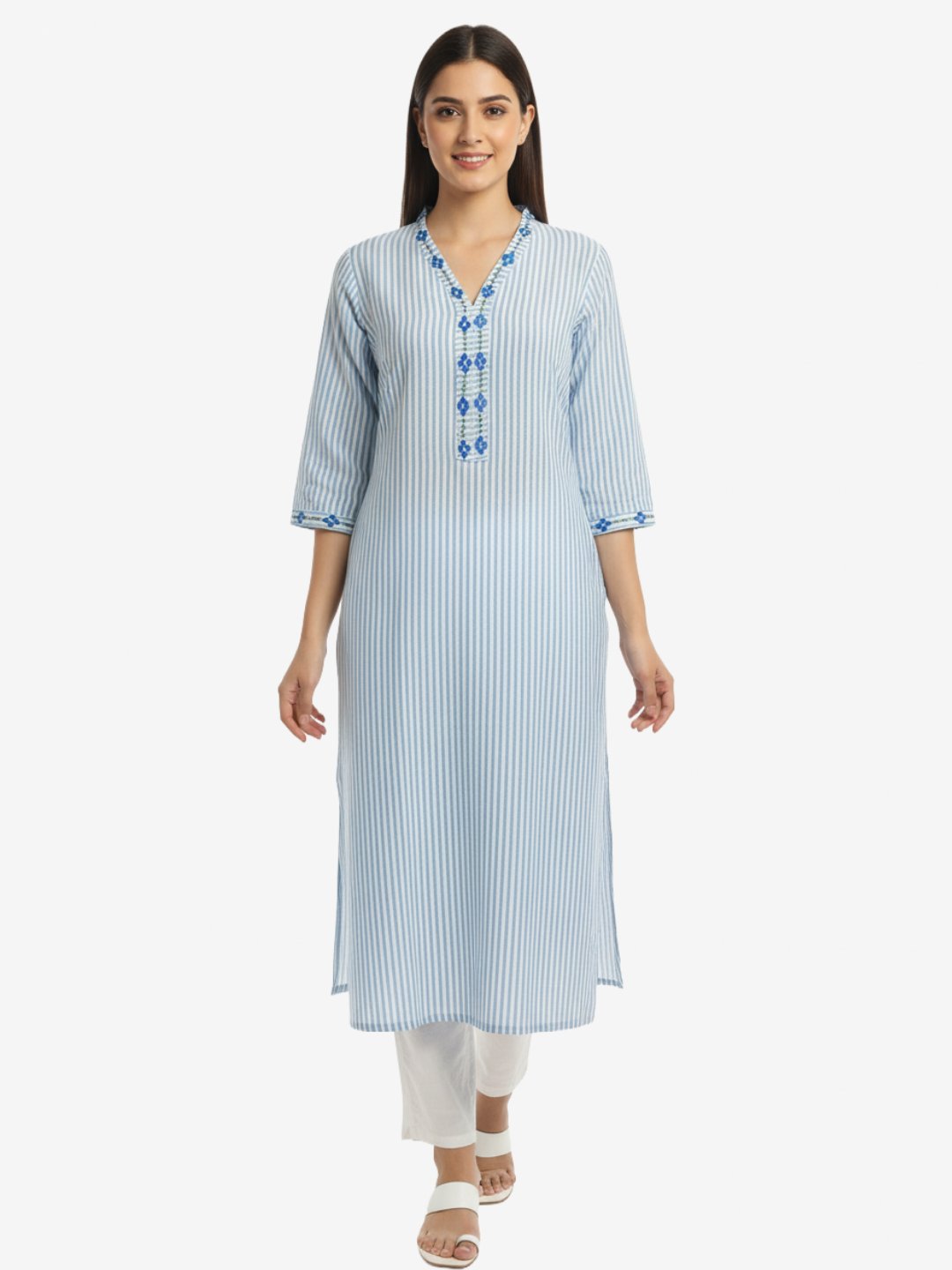 Sky Blue Striped Straight Kurta for Women