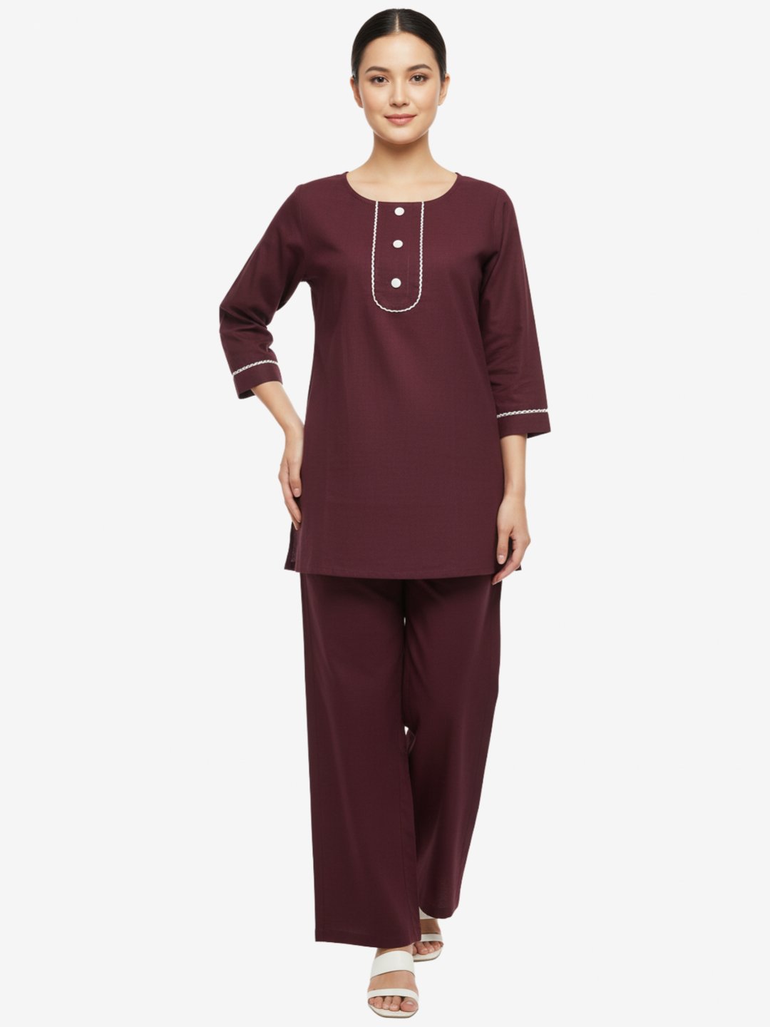 Deep wine solid kurta set for women