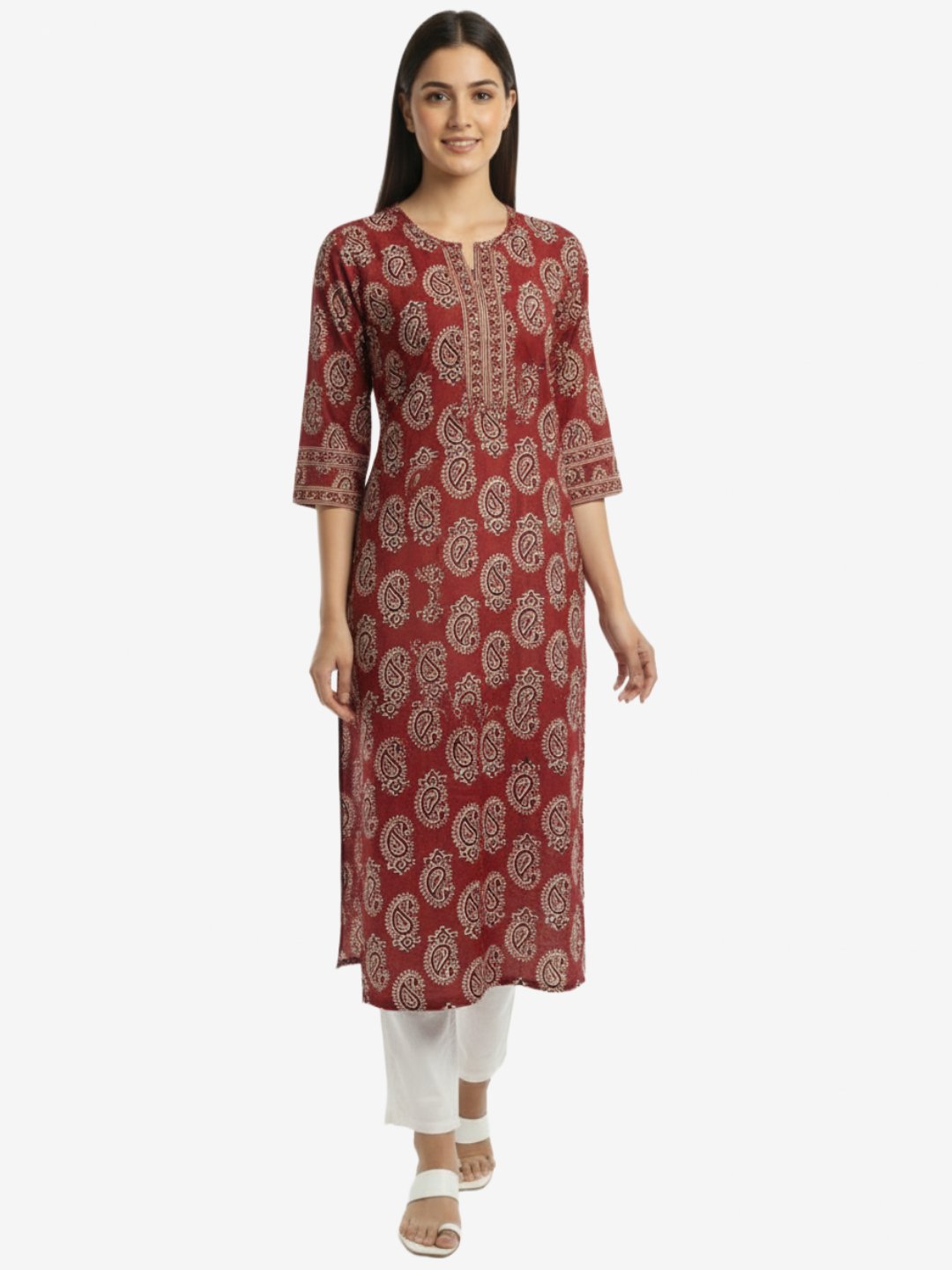 Maroon Paisley Print Straight Kurta for Women
