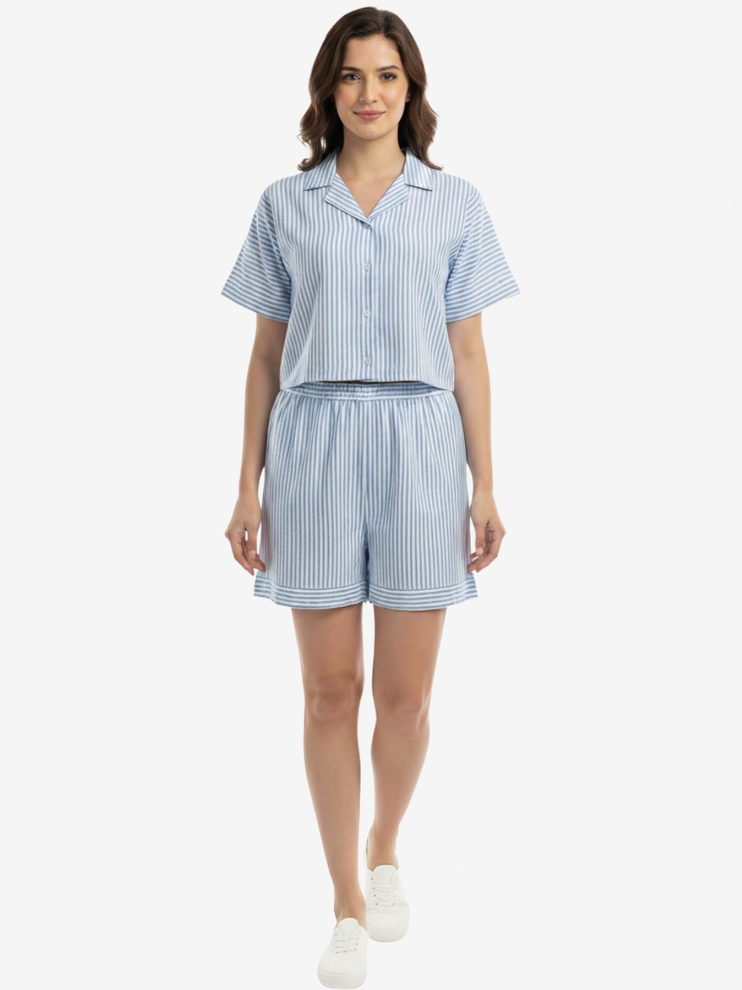 Women’s Blue & White Striped Two-Piece Top and Shorts Set