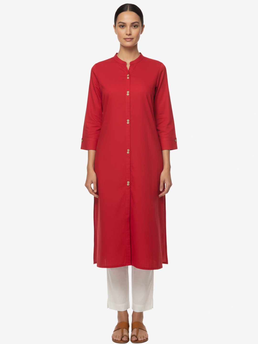 Red Solid Straight Kurta for Women with Mandarin Collar