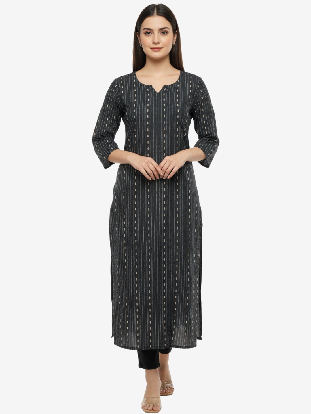 Charcoal Embellished Straight Kurta for Women with Notched Neck