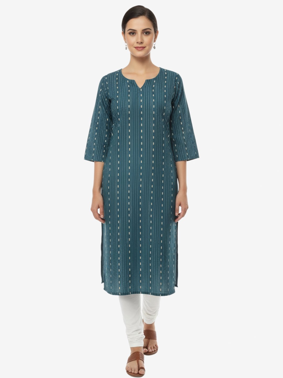 Teal Embellished Straight Kurta for Women with Notched Neck