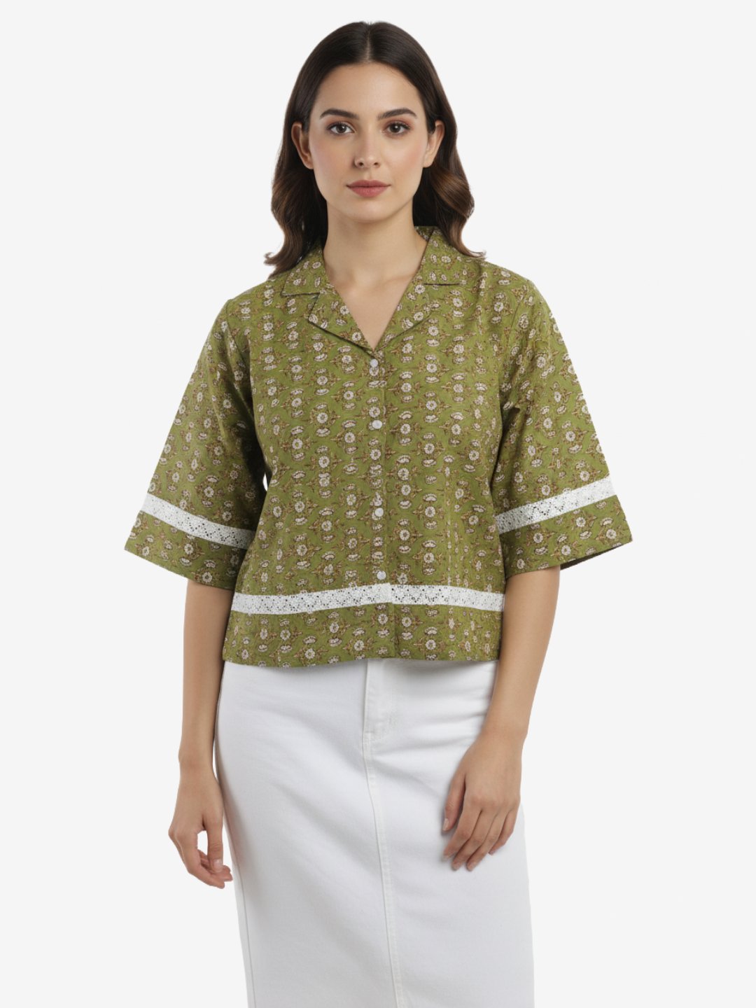Olive Green Printed Crop Top for Women