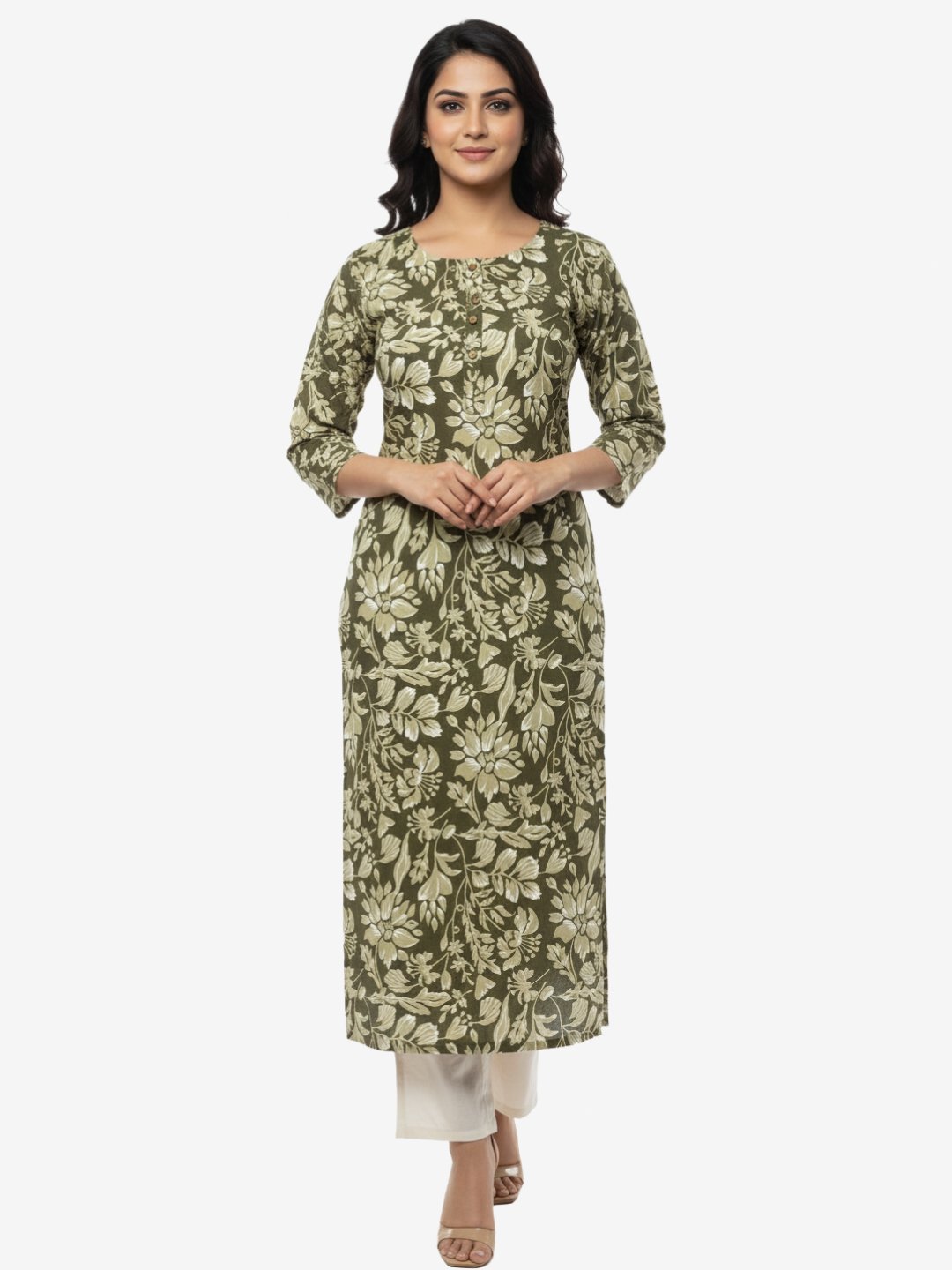 Olive Green Floral Printed Kurta for Women