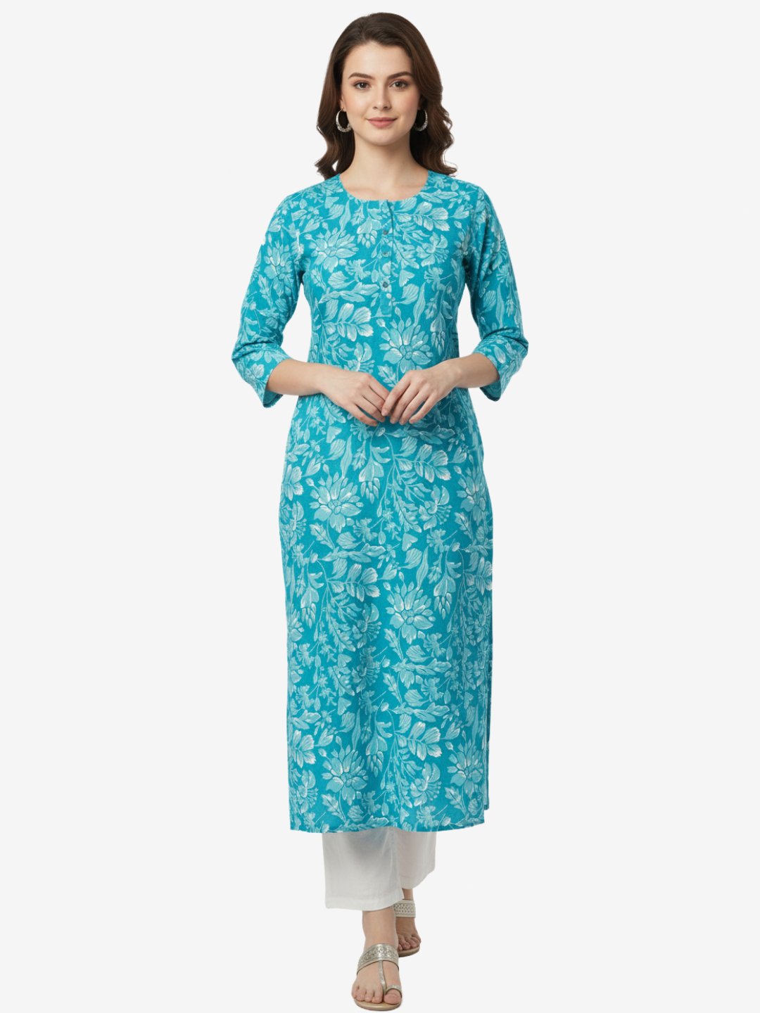 Turquoise Blue Floral Printed Kurta for Women