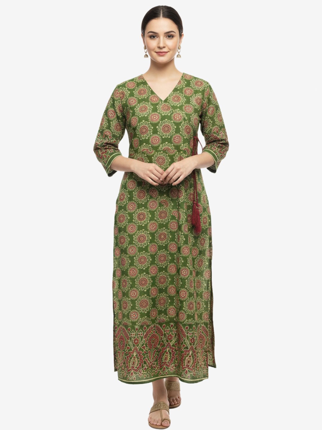 Green Printed Straight Fit Kurta with V-Neck & Tassel Detail