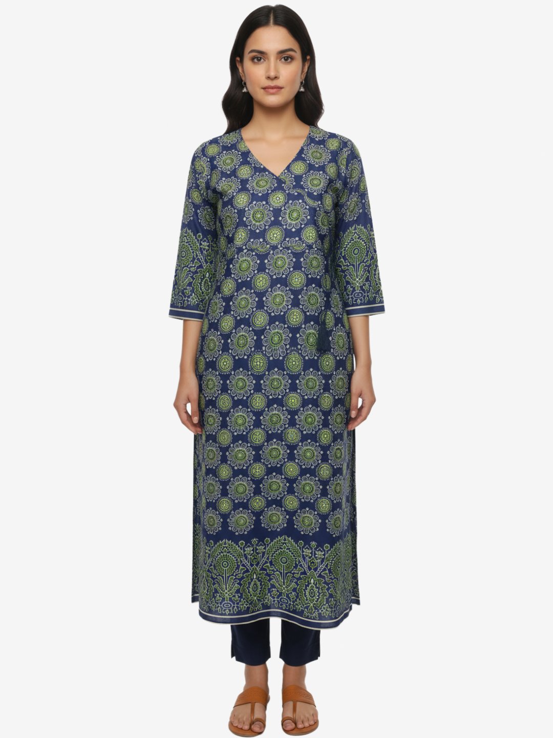 Blue Printed Straight Fit Kurta with V-Neck & Tassel Detail