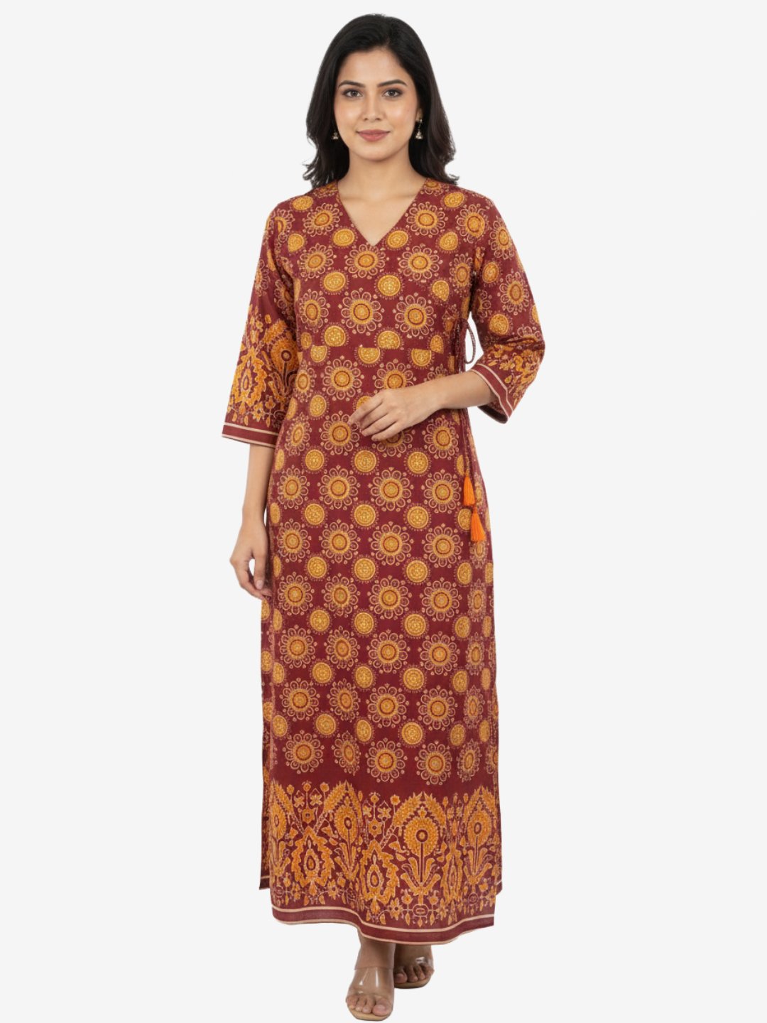 Red Printed Straight Fit Kurta with V-Neck & Tassel Detail